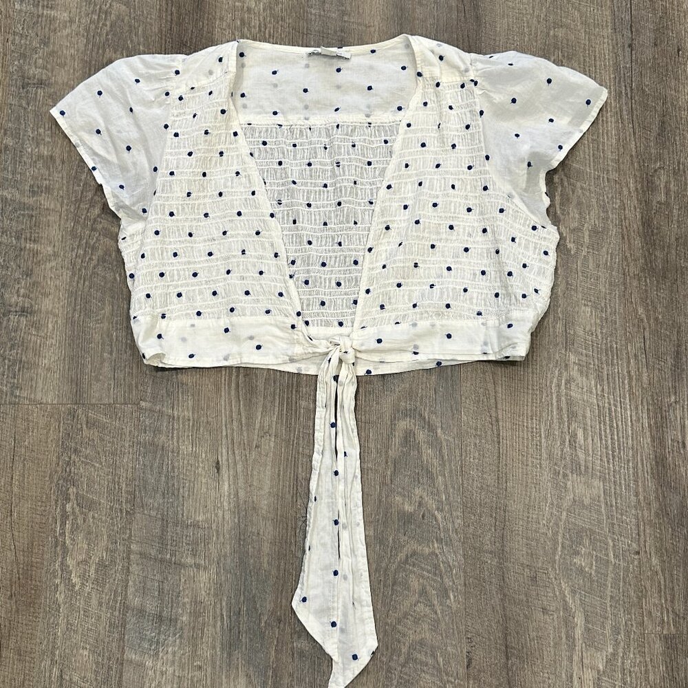 American Eagle Crop Top Tied Open Front Elastic Bodice White w Blue Dots Size XL